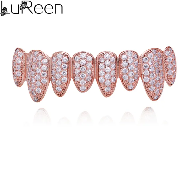 LuReen Iced Out Grillz Vampire Fangs Grillz Top Bottom Gold Teeth Hip Hop Tooth Caps CZ Crystal Bling Grillz Rapper Jewelry pink bottom