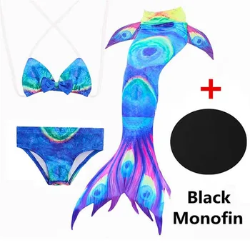 

4PCS Child Girls Mermaid Tail Swimming Swimwear Summer Swimwear Mermaid tail withBlack Monofin girl costume swimming With bikini