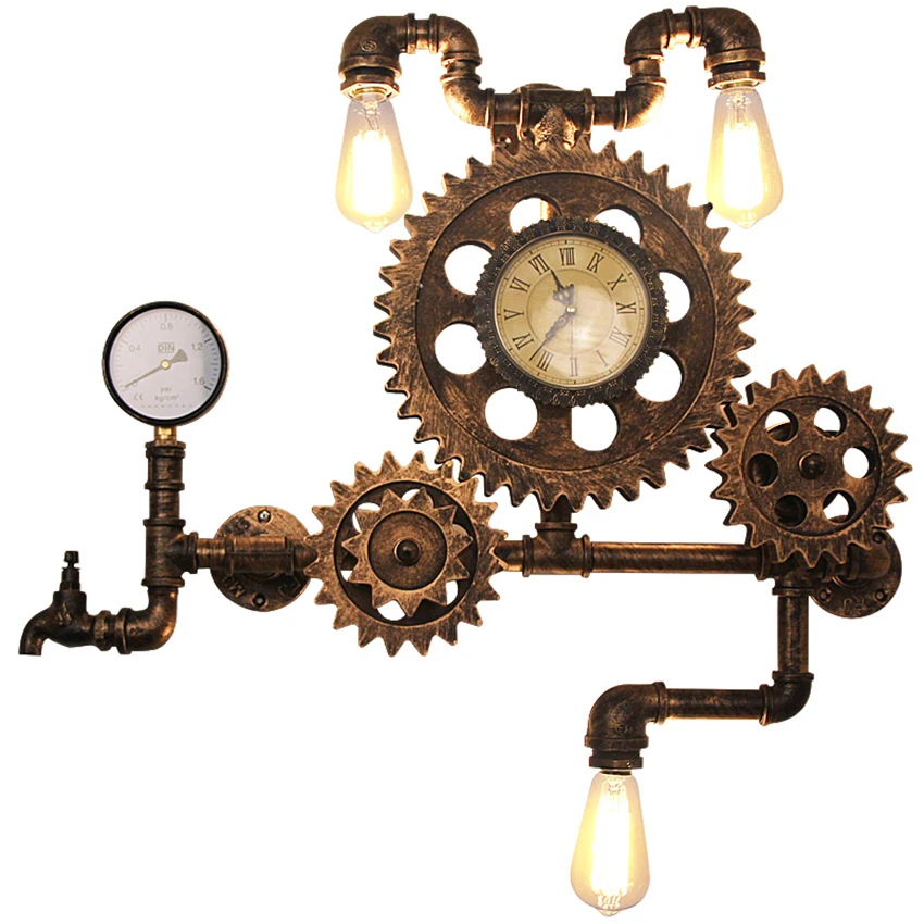 Винтажный Лофт стиль Эдисона часы настенная лампа промышленное освещение ретро деревянный для переключения скоростей Настенные светильники железные водные лампы в форме труб