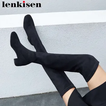 

Lenkisen flock large size med heels limited customization classic square toe slender stretch elegant lady thigh high boots L81