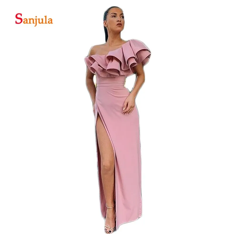 One Shoulder Evening Gowns Long Ruffles Leg Slit Party Dresses 2019 Simple Pink Prom abendkleid D991 | Свадьбы и торжества