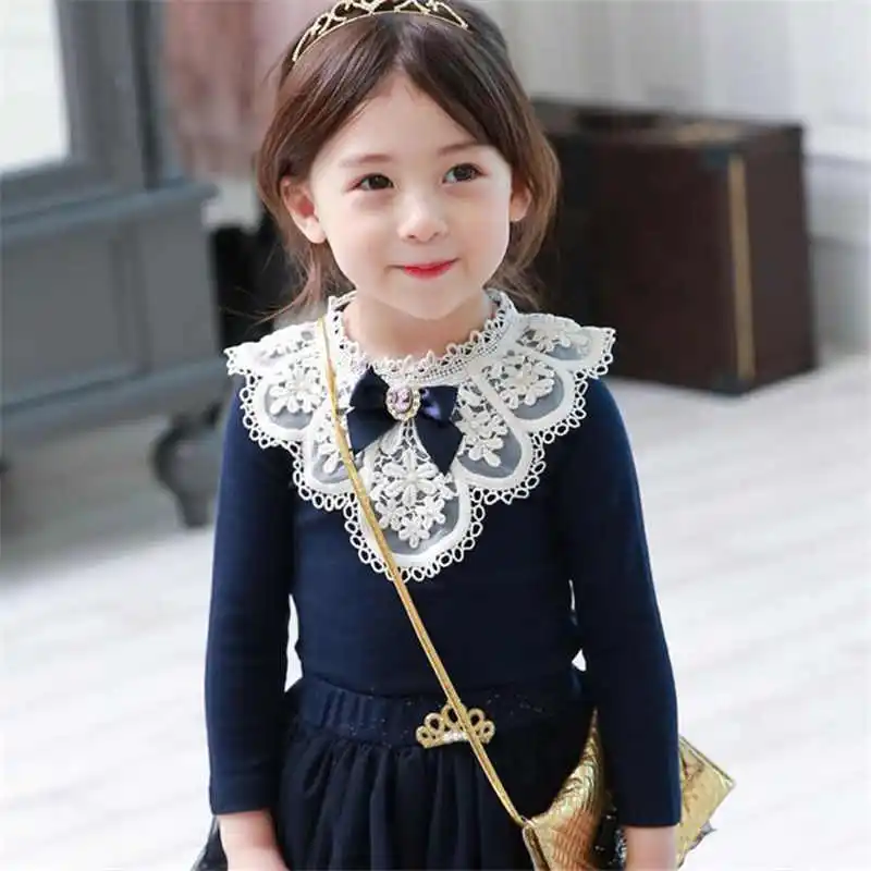 

2019 Baby Girls Blouses Children Cotton Lace Clothes Teenage School Girl Basic Tops Cute Bow Navy Blue Sweatshirts 2 4 6 8 11Yrs