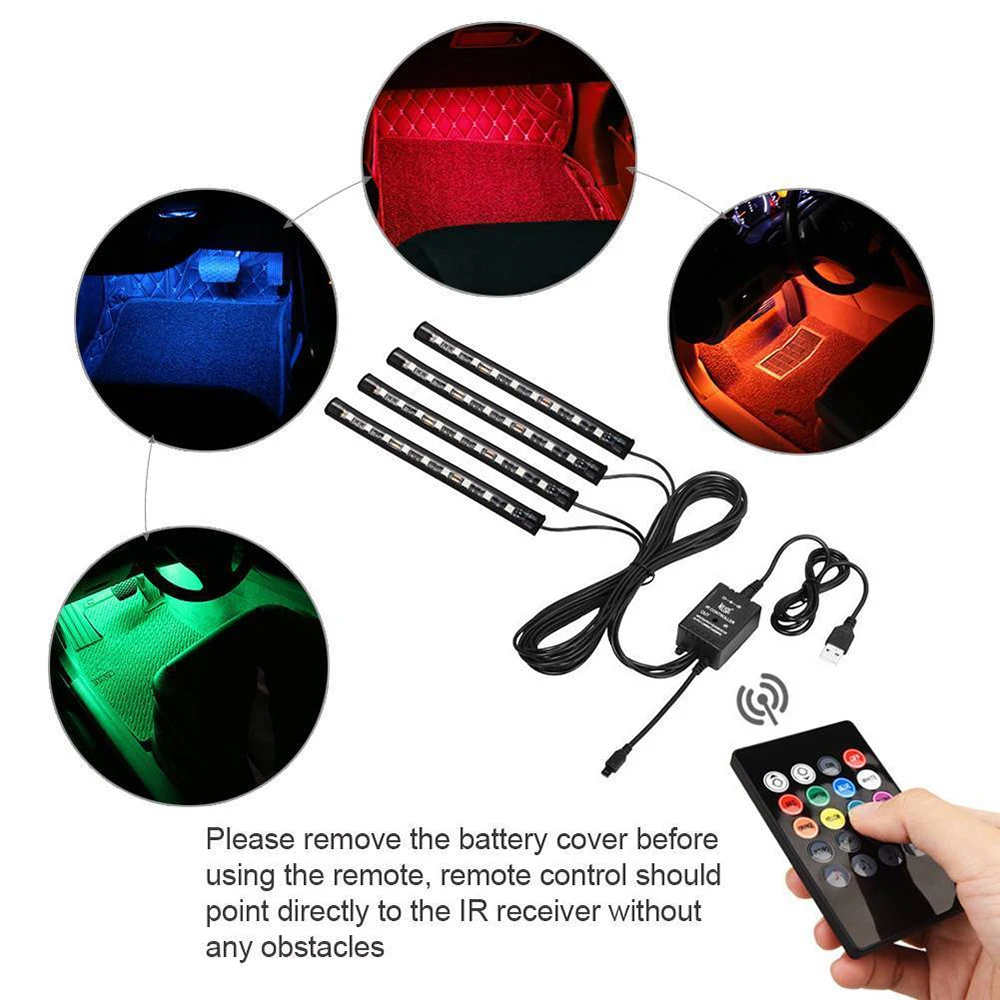 4x DC12V 9 LED RGB Car Interior Atmosphere Footwell Strip Light USB Charger