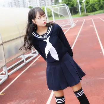 

Brand LEHNO Spring Japanese School Uniforms for Girls Cotton Shirt+Long Skirt Fashion Style Students Clothes Navy Blue