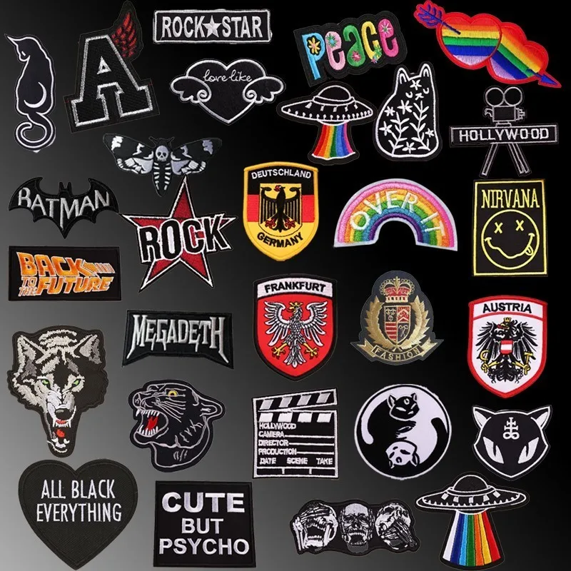 

Rock Letter Cloth Appliques Iron On Punk Cat Silent Lamb Nirvana Patches 3D Diy Moive Skull Embroidered Badges Coat Jeans Decor