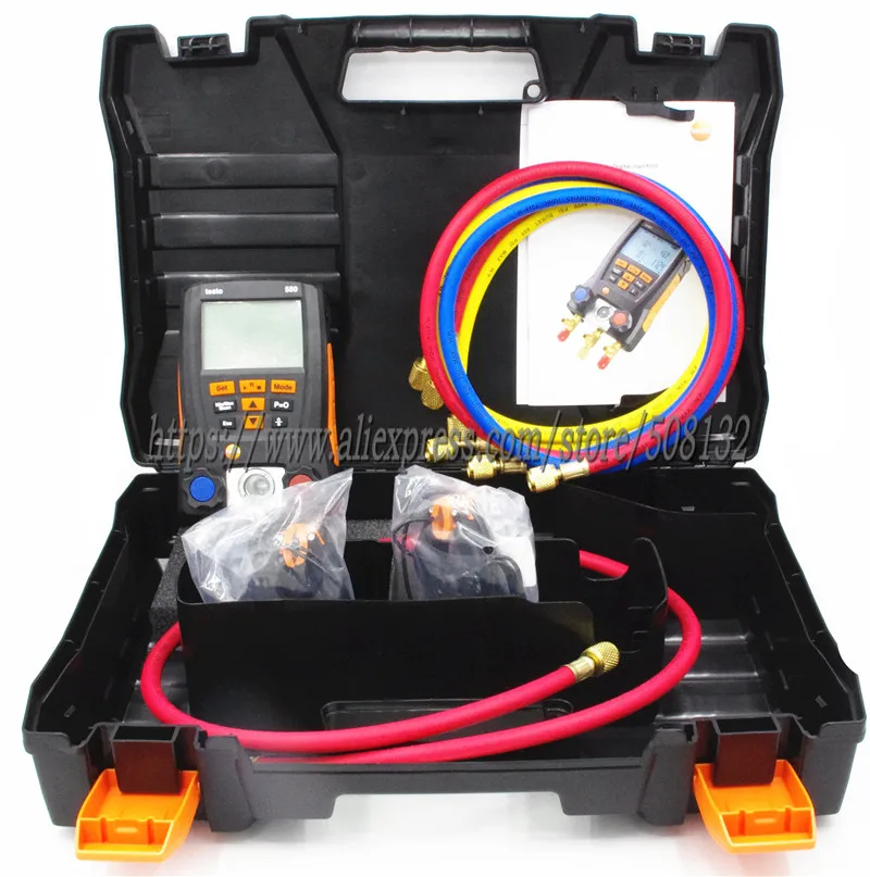 

With 4pcs Hoses Testo 550 Digital Manifold Gauge kit with Bluetooth / APP 0563 1550, 2PCS clamp probes,Suitcase