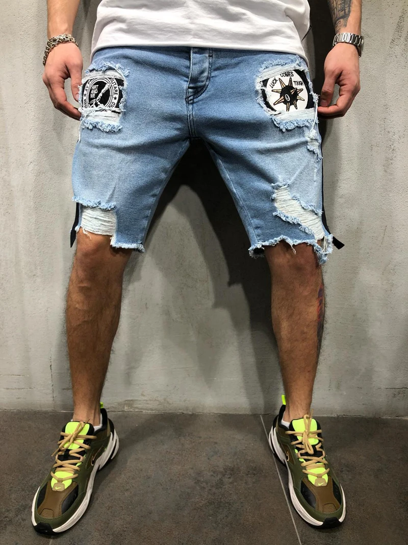 Мода летние рваные джинсовые шорты вышитые мужские джинсовые шорты хип-хоп тонкие шорты синий светло-синий S-3XL