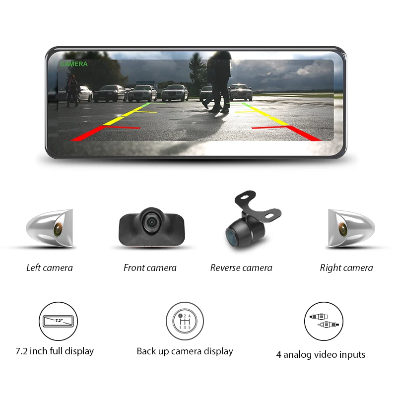 

GERMID Latest 7.2'' LCD Full Screen 4 Cameras Display Reverse Camera Frameless Rearview Mirror for Bus Pickup Truck Camper Van