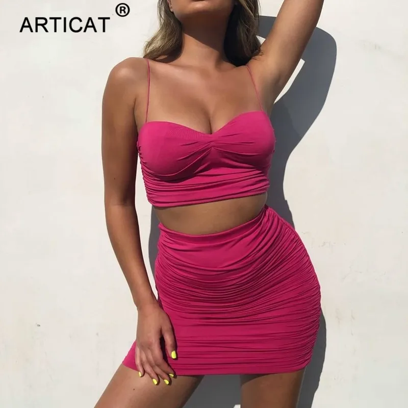 

Articat Two Piece Set Ruched Sexy Summer Dress Women Spaghetti Strap Pleated Pink Cropped Party Dress Ladies Bodycon Dress Short