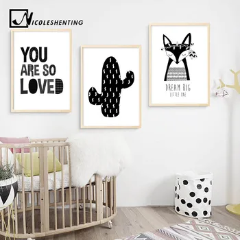

NICOLESHENTING Black White Fox Cactus Canvas Poster Nordic Minimalist Wall Art Print Painting Picture Children Bedroom Decor