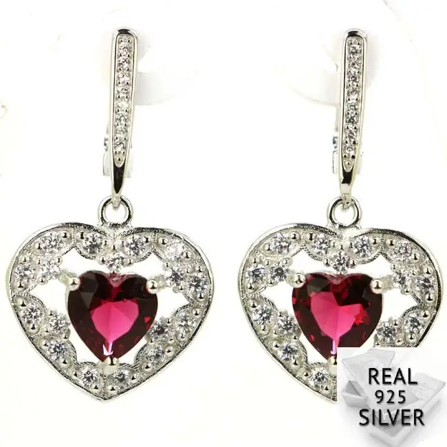 

Real 8.0g 925 Solid Sterling Silver Deluxe Heart Shape Pink Raspberry Rhodolite Garnet Earrings 35x18mm