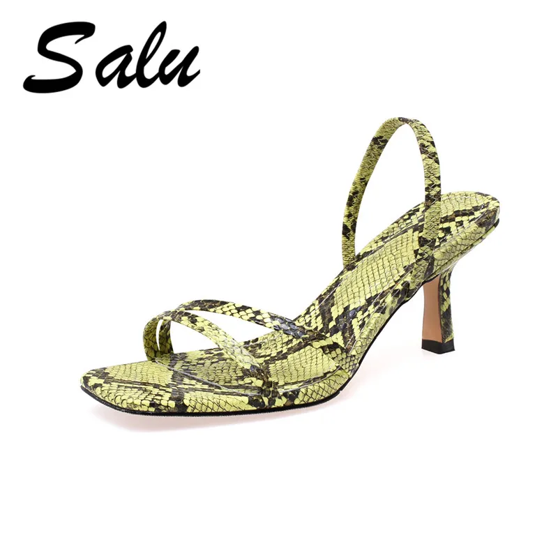 

Salu 2019 New Fashion Sandals Genuine Leather Buckle Strap High Heels Woman Shoes Mixed Color Simple Wedding Female Sandals