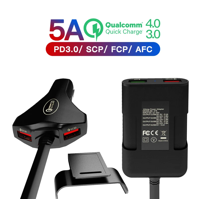 

4 Port USB Quick Charge 3.0 for Front / Back Seat Car Charger for IPhone Huawei 60W 12A Usb Charger for Xiaomi Samsung