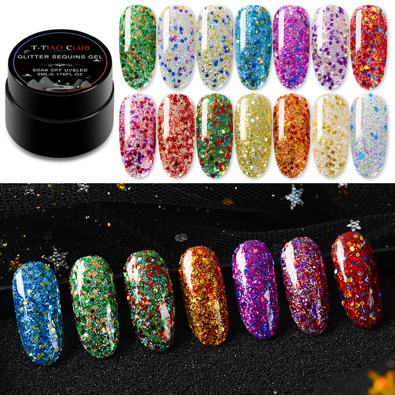 T-TIAO CLUB 5ml Holographic Glitter Sequins Nail Gel Polish Shiny Soak Off UV Gel Polish Nail Art Lacquer