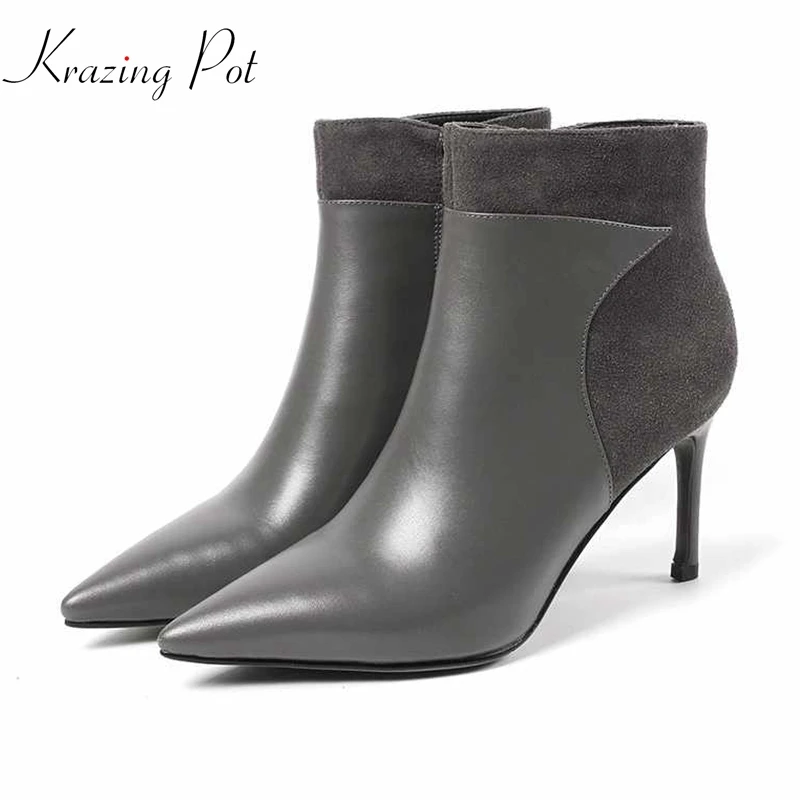 

Krazing Pot sexy genuine leather winter keep warm thin high heels pointed toe mature superstar wedding nightclub ankle boots L62