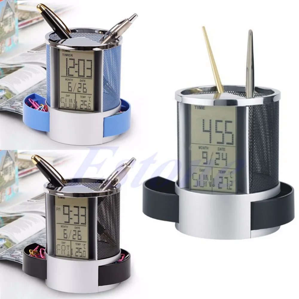 

Mesh Pen Pencil Holder with Digital LCD Office Desk ALarm Clock with Time Temp Calendar function-PC Friend