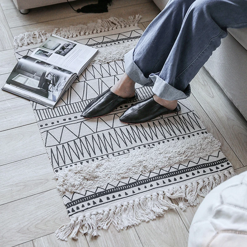 Cotton Handmade Rug Tassels Black and White Stripes Multi function Area