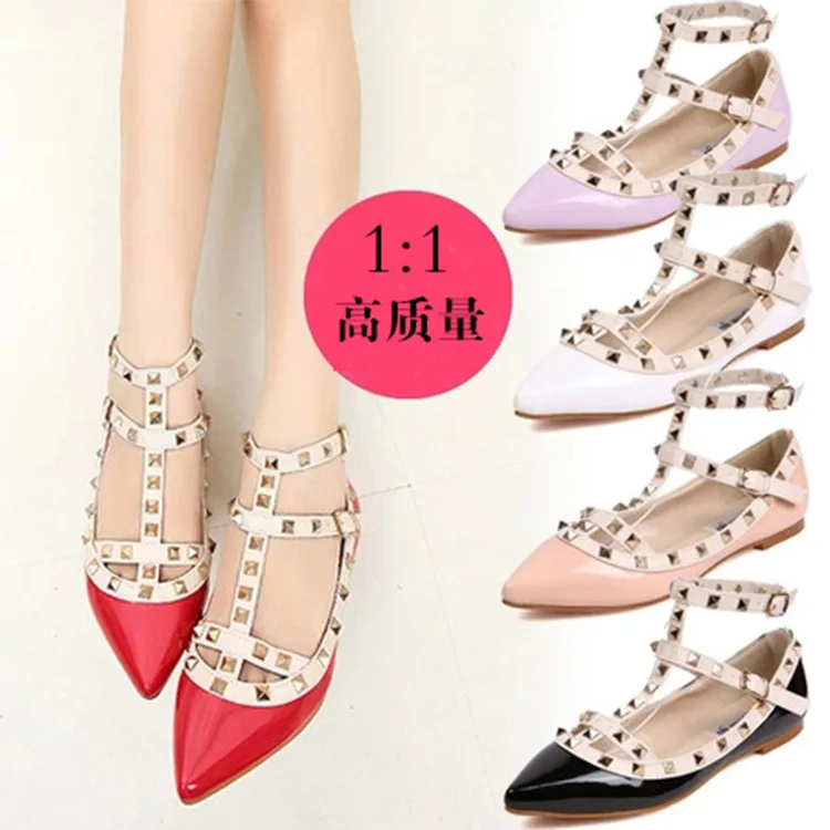 2016 Rivets Pointed Toe Flat Shoes Peppers Rome Strap Summer Sandals High Quality Buckle Sapatos Femininos