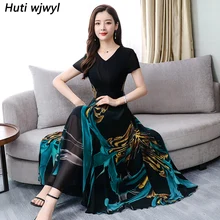 Летнее винтажное черное шифоновое платье миди в стиле бохо, элегантное женское облегающее Платье 4XL размера плюс, макси платья с принтом, вечерние пляжные платья