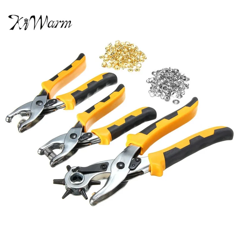 

KiWarm Top Quality 3 in1 Leather Belt Hole Punch+ Eyelet Plier +Snap Button Grommet Setter Tool Kit Round 2.5/3/3.5/4/4.5/5mm