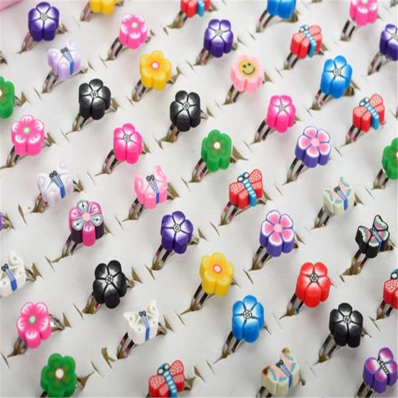Mixed Colors Polymer Clay Children Kids Flower Finger Rings 10Pcs PINKSEE Lovely Fashion Jewelry For Gift Adjustable ring set finger ring adjustable rings