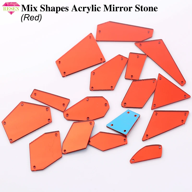 

RESEN 30PCS Popular Mix Shapes Red Color Acrylic Mirror Sew on Rhinestones Flatback Sew-On Acrylic Stone With Holes For Dress