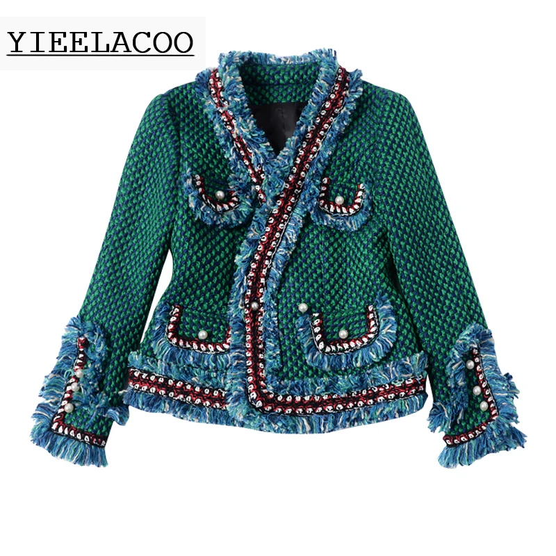 

Green tweed jacket brushed trim pearl buckle Spring / autumn / winter women's jacket Slim ladies jacket