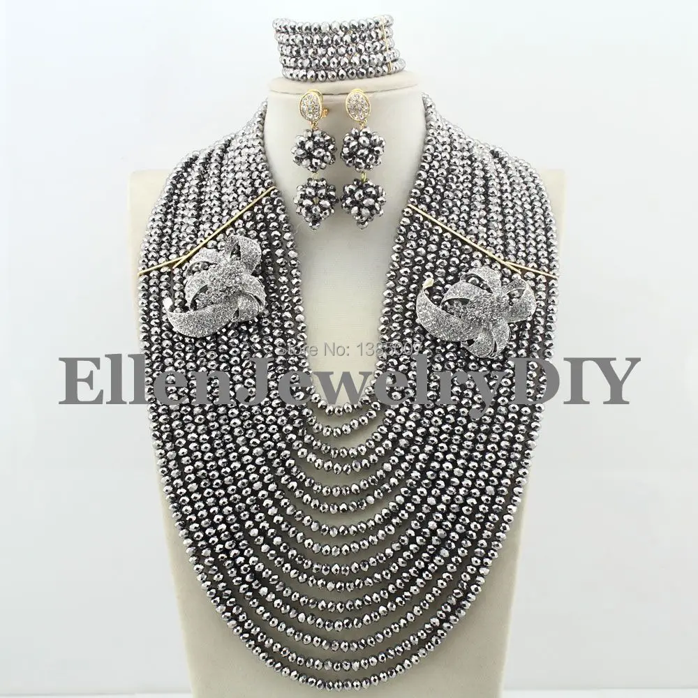 

New Arrival 15 Rows African Beads Jewelry Sets Nigerian Wedding African Jewelry Sets Crystal Jewelry Set W8296