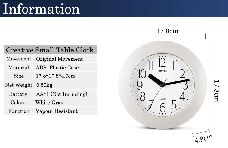 Ритм 7 дюймов простые водонепроницаемые настенные часы для ванной, кухни, креативные домашние декоративные бесшумные кварцевые настольные часы с подставкой
