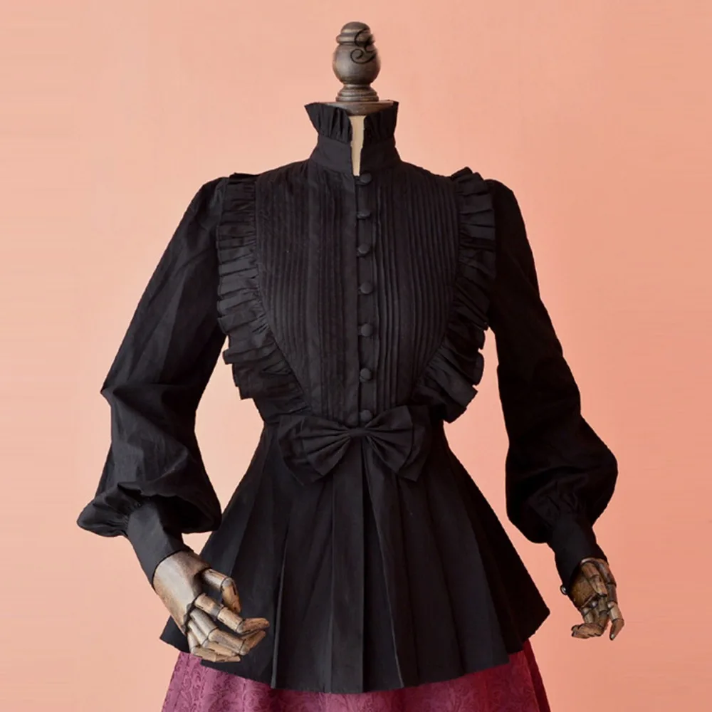 Spring Women White Tops Vintage Victorian Ruffled Pleated Shirts Lantern Sleeve Female Gothic High Collar Blouse Lolita Costumes 3
