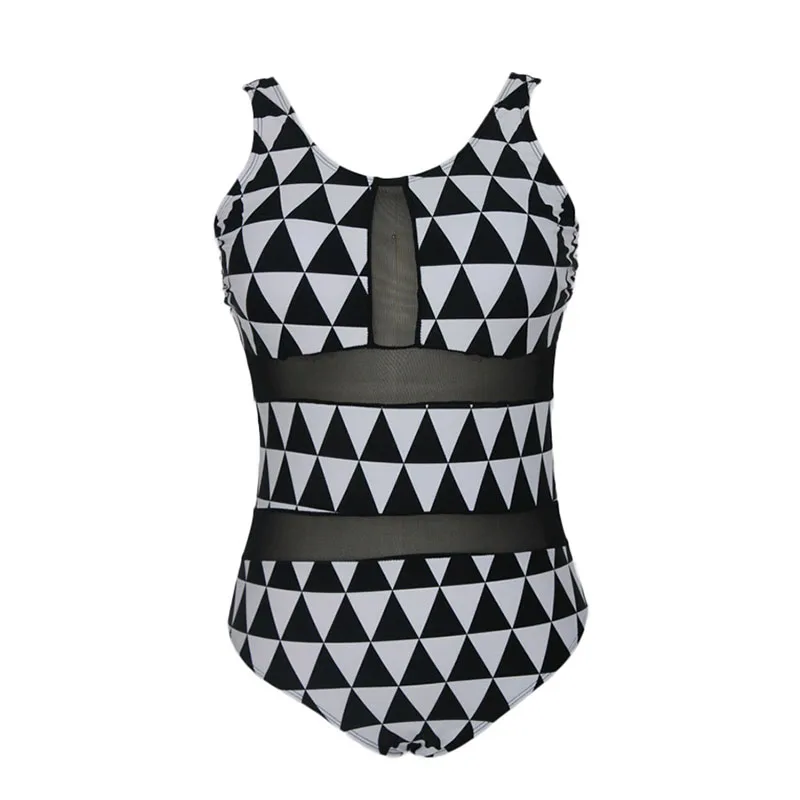 black white print swimwear women mesh one piece swimsuit plus size sexy