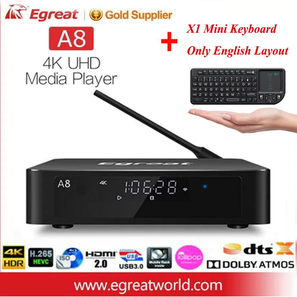 Egreat A8 Pro UHD медиаплеер 2 ГБ 8 ГБ 3D 4 к Bluetooth Android Smart tv Box Поддержка HDD SATA USB3.0 Dolby Ture-HD DTS-HD DTS: X - Цвет: A8 N X1 English KB