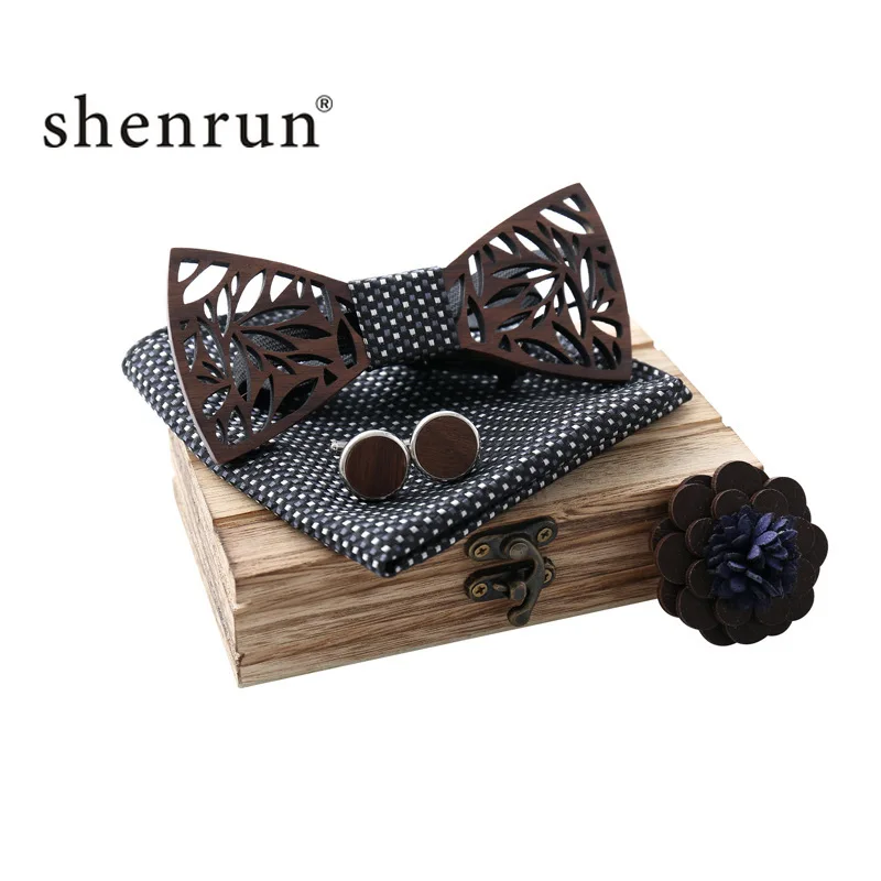 

ShenRun Wooden Bow Tie Handkerchief Set Men's Plaid Bowtie Wood Hollow carved cut out Floral design And Box Fashion Novelty ties