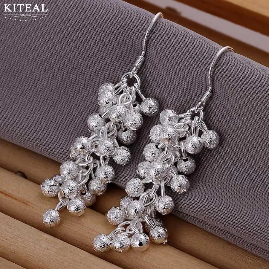 

Silver Plated Earings For Women 925 stamp Fashion Popcorn smooth ball Beads Sanding Grape Dangles long Earrings Brinco