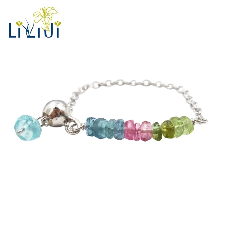 

Lii Ji Natural Rainbow Tourmaline 1x2.5mm,Apatite 925 Sterling Silver Platinum Plated Chain Link Resizable Ring