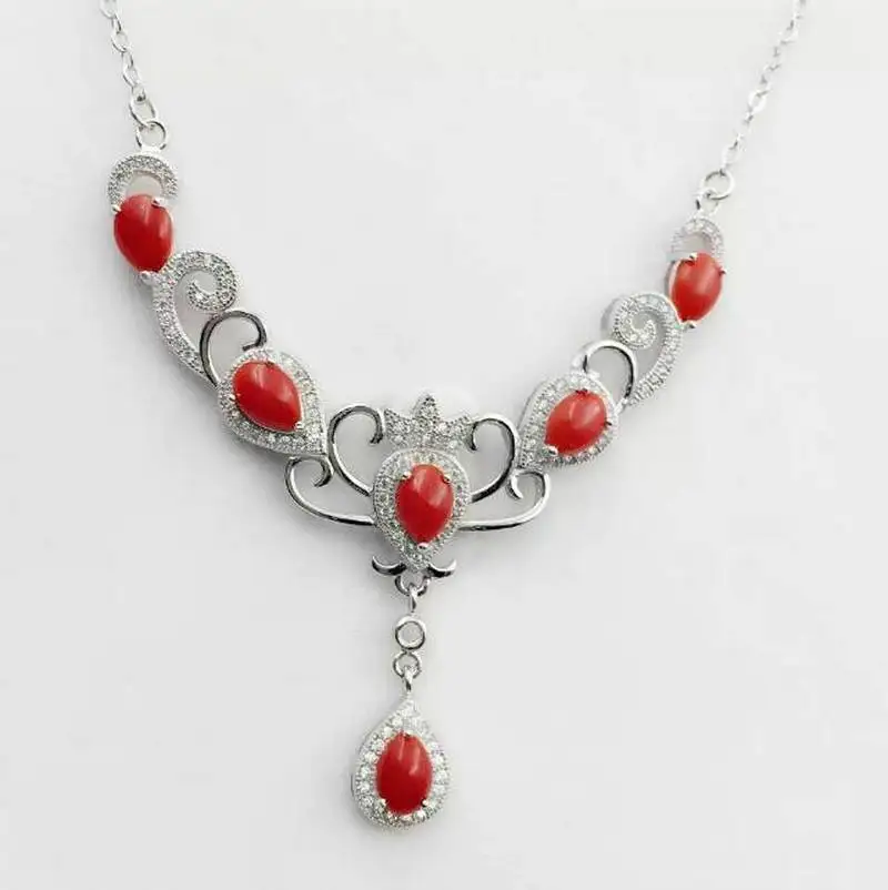 Fidelity natural 5*7mm red coral pendant Necklaces s925 sterling silver