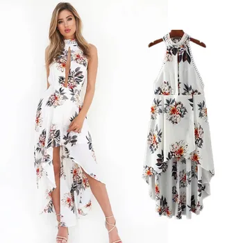 

Floral Print Ruffles Chiffon Dresses 2019 Bohemian Dress Women Beach Print Halter Dresses Female Boho Sexy Dress Summer Women