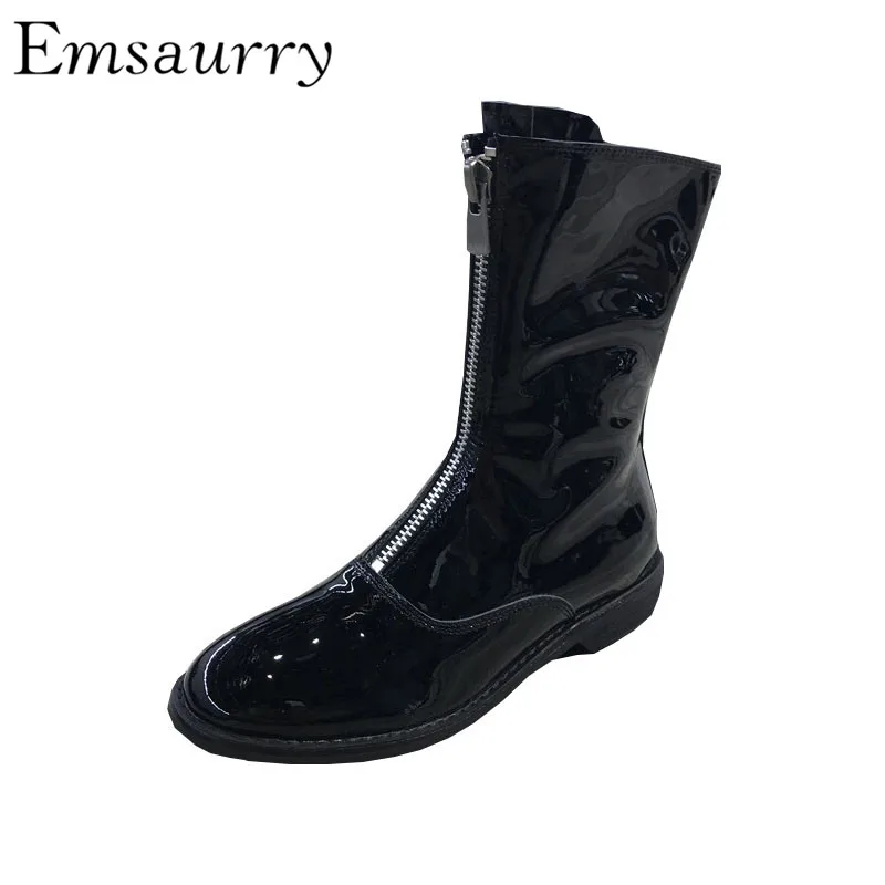 

Individual Front Zipper Ankle Boots Women Jelly Color Patent Leather Square Heel Round Toe Short Booties