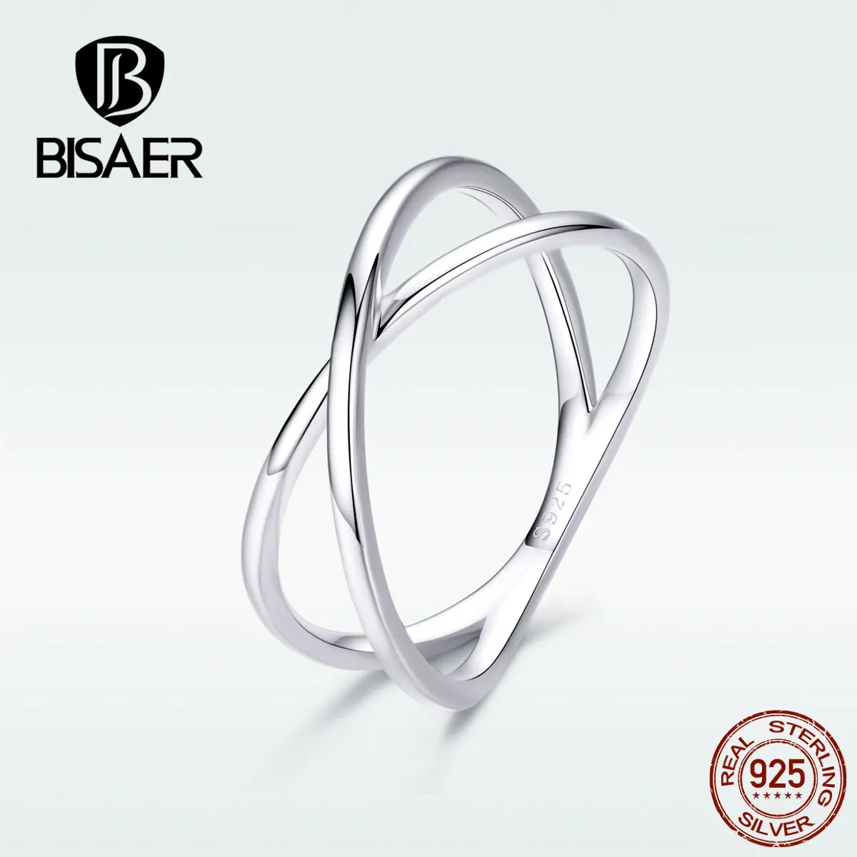 

BISAER Double Ring Authentic 925 Sterling Silver Fashionable Simple Wedding Ring Stackable For Women Statement Jewelry HSR543