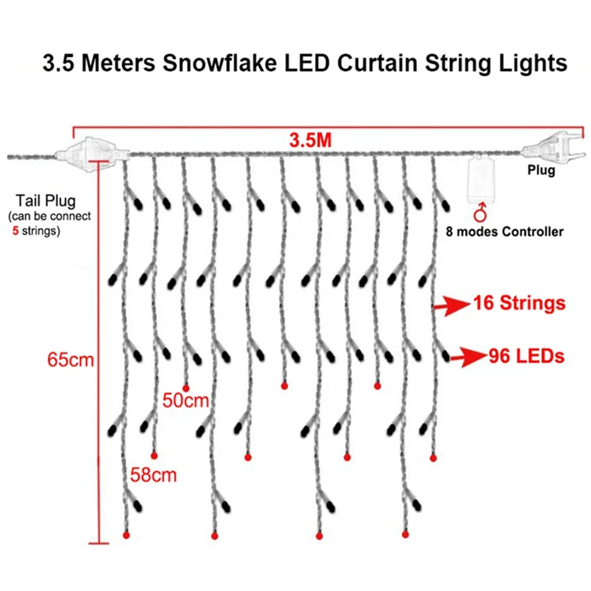 Световые струны светодиодный гирлянда в виде снежинок свет AC110v-220v 3,5 м 96 Светодиодный s сказочные огни 8 режимов многоцветный домашний декор