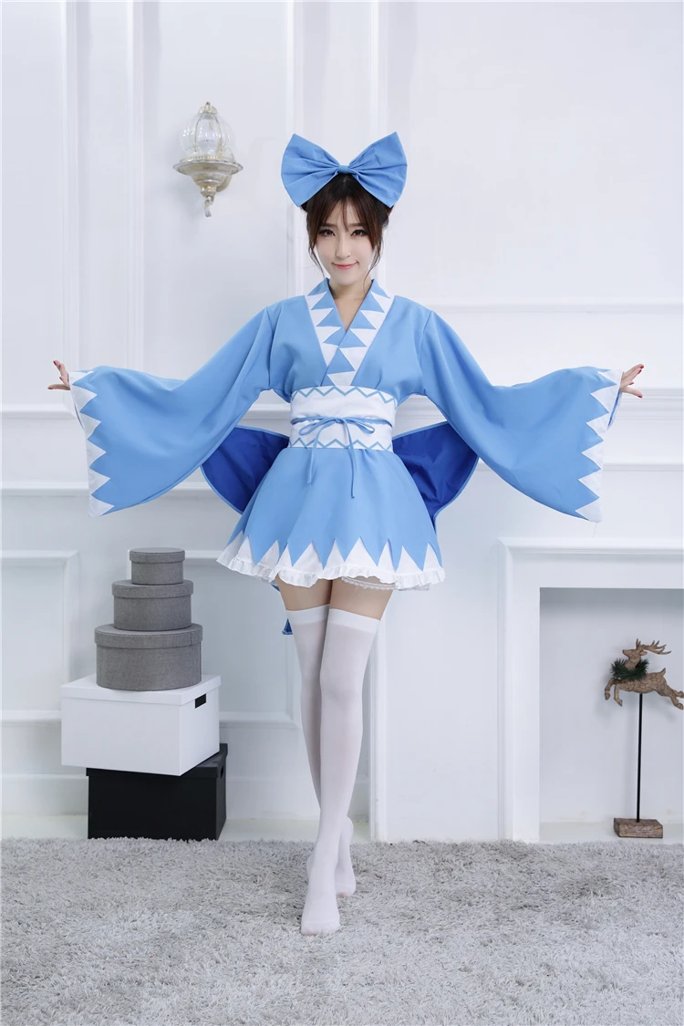 Touhou Project Cirno Кимоно костюмы косплей полный комплект синий халат (платье пояс