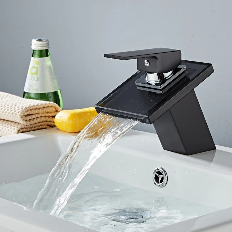 

Black Bathroom Glass waterfall Faucet Bathroom Basin Faucet Black Painting Hot And Cold Mixer Tap sink water tap black faucet