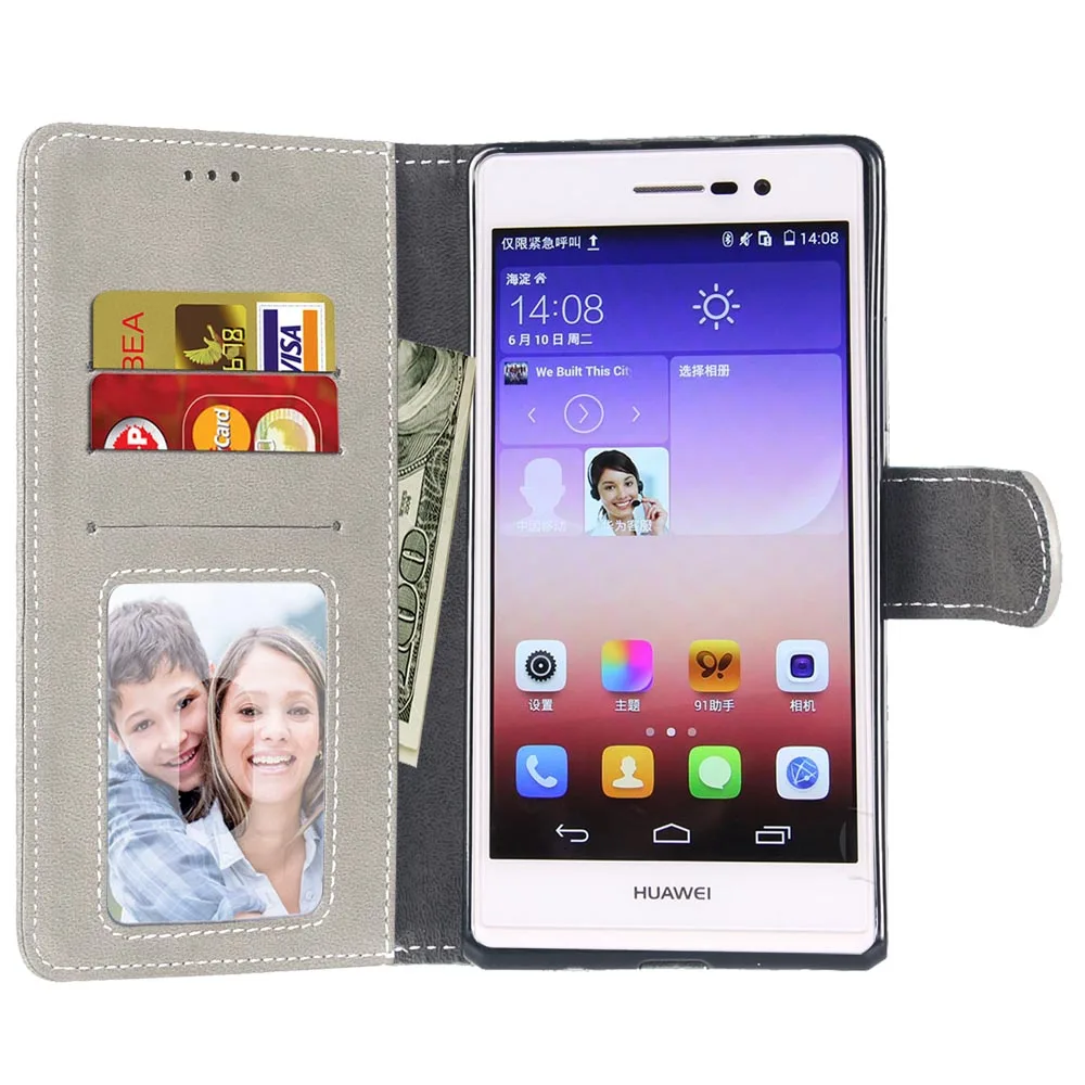 Роскошные Пояса из натуральной кожи бумажник чехол для Huawei Ascend P7 Flip Стенд Книга Стиль телефон держателя карты мягкий чехол Капа для huawei - Цвет: Gray