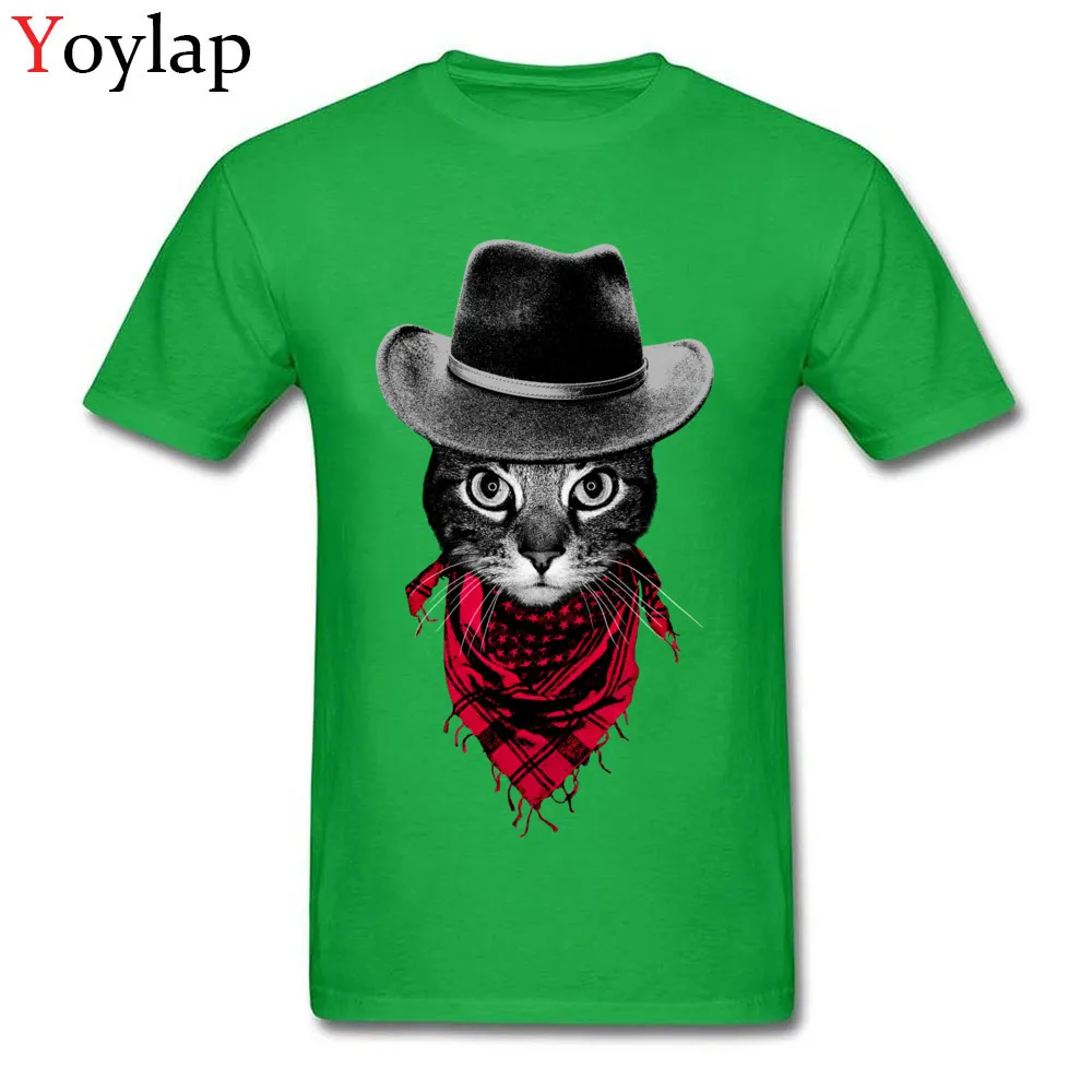 T-shirts Short Sleeve Casual New Arrival Cowboy Cat Crewneck 100% Cotton Mens Summer Autumn Tops Shirt Casual Clothing Shirt green