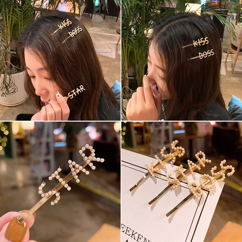 

European and American Minimalist Wind Pearl Hairpin Letter Smiling Face Girl Hairpin Side Clip Korean Minimalist One-word Clip