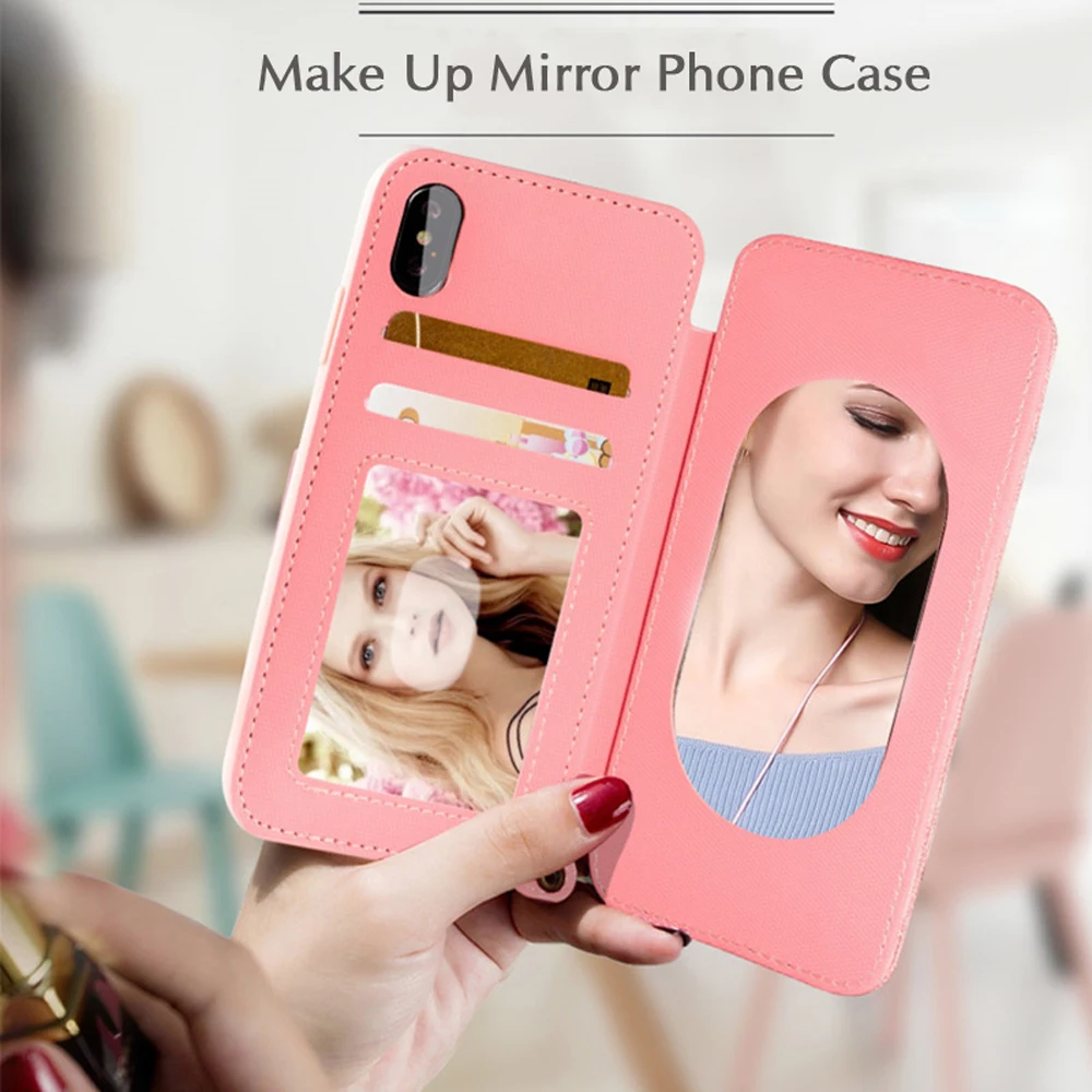 

Make Up Mirror Phone Cases For iPhone Xs Max XR X 6 6s Plus 7 8 Plus PU Leather Card Slot Flip Lanyard Wallet Case Stand SI46