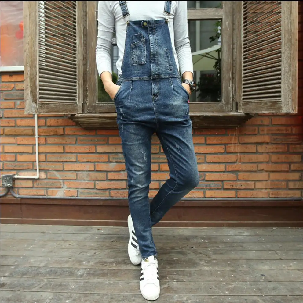 28 34 Fashion Bib Denim Overalls For Men New Long Solid Blue Slim