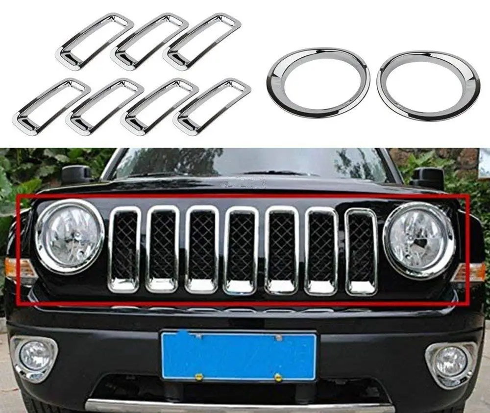 

Chrome Silver Front Grille Grill Mesh Grille Insert Kit & Head Light Lamp Covers Trim for Jeep Patriot 2011-2017 9PCS