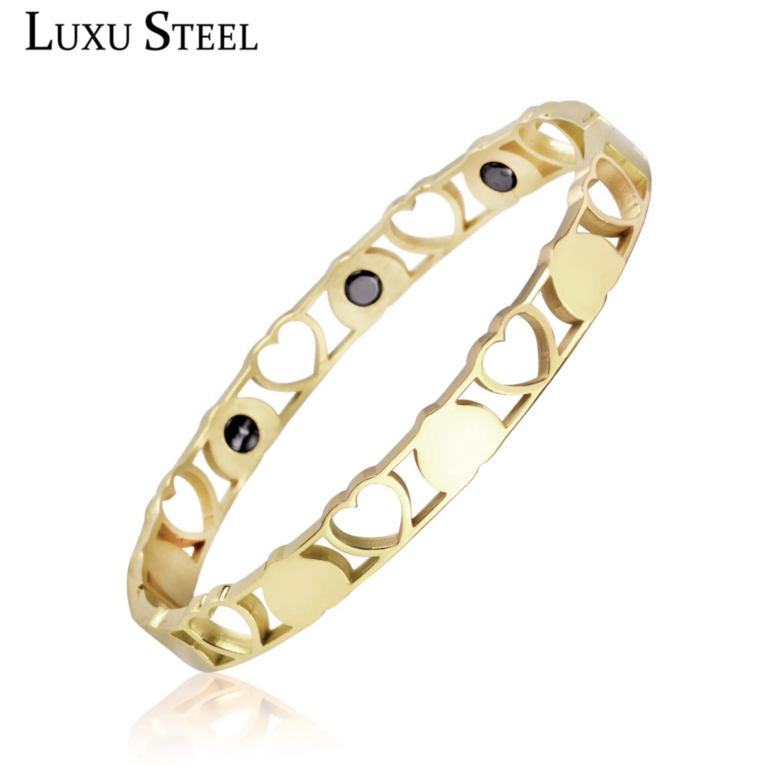 LUXUSTEEL Bracelets & Bangles Stainless Steel Heart Shape Gold Color Cuff Bangle For Women