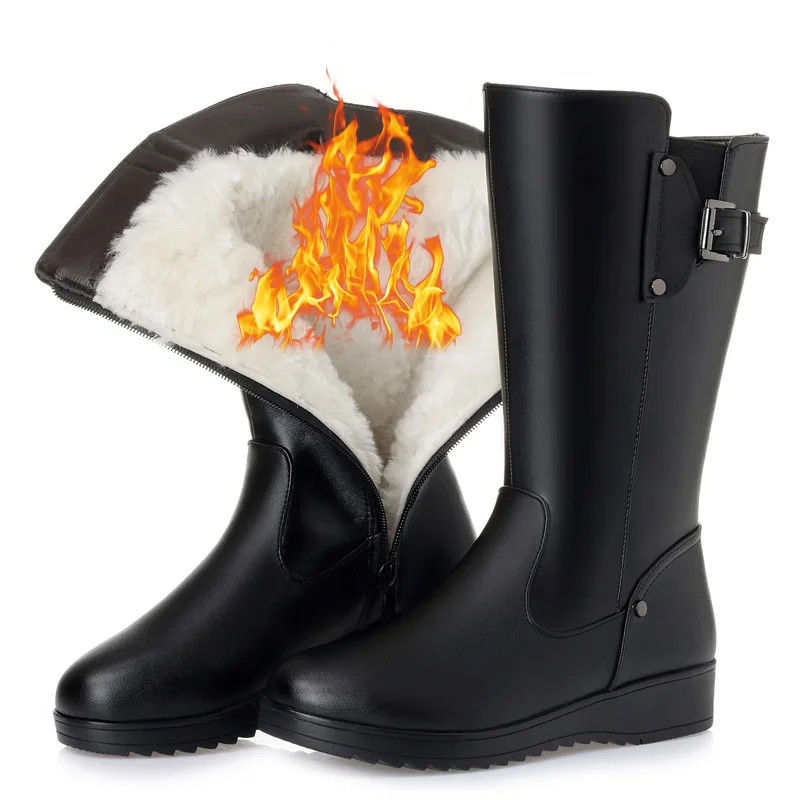 Женские зимние ботинки размера плюс теплые зимние ботинки из плюша и шерсти женские ботинки нескользящая обувь из натуральной кожи на плоской подошве высокие сапоги